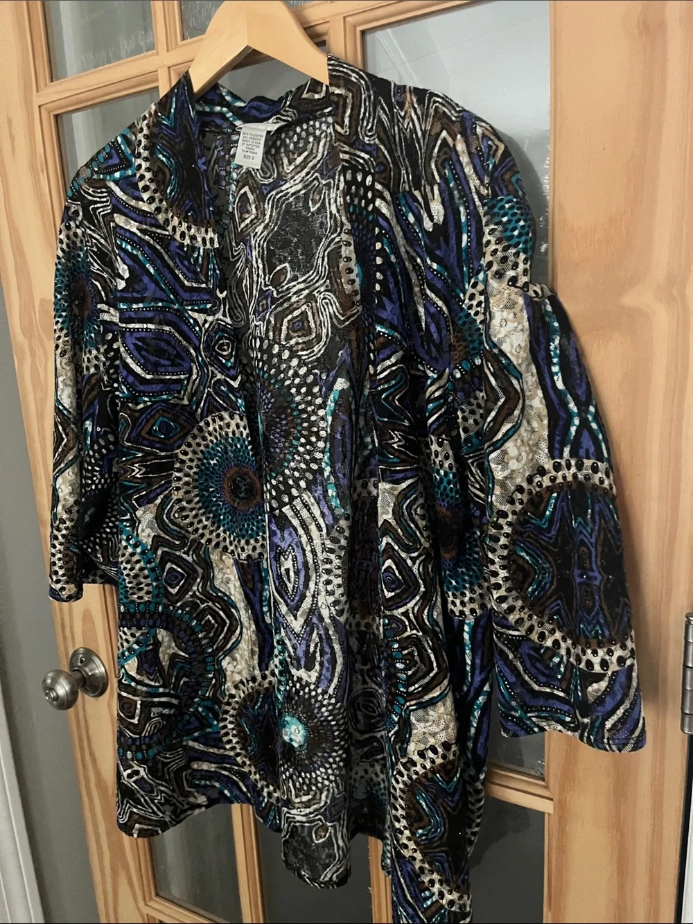 Chico's lace cardigan 3/4 sleeve teal, tan, blue brown abstract print